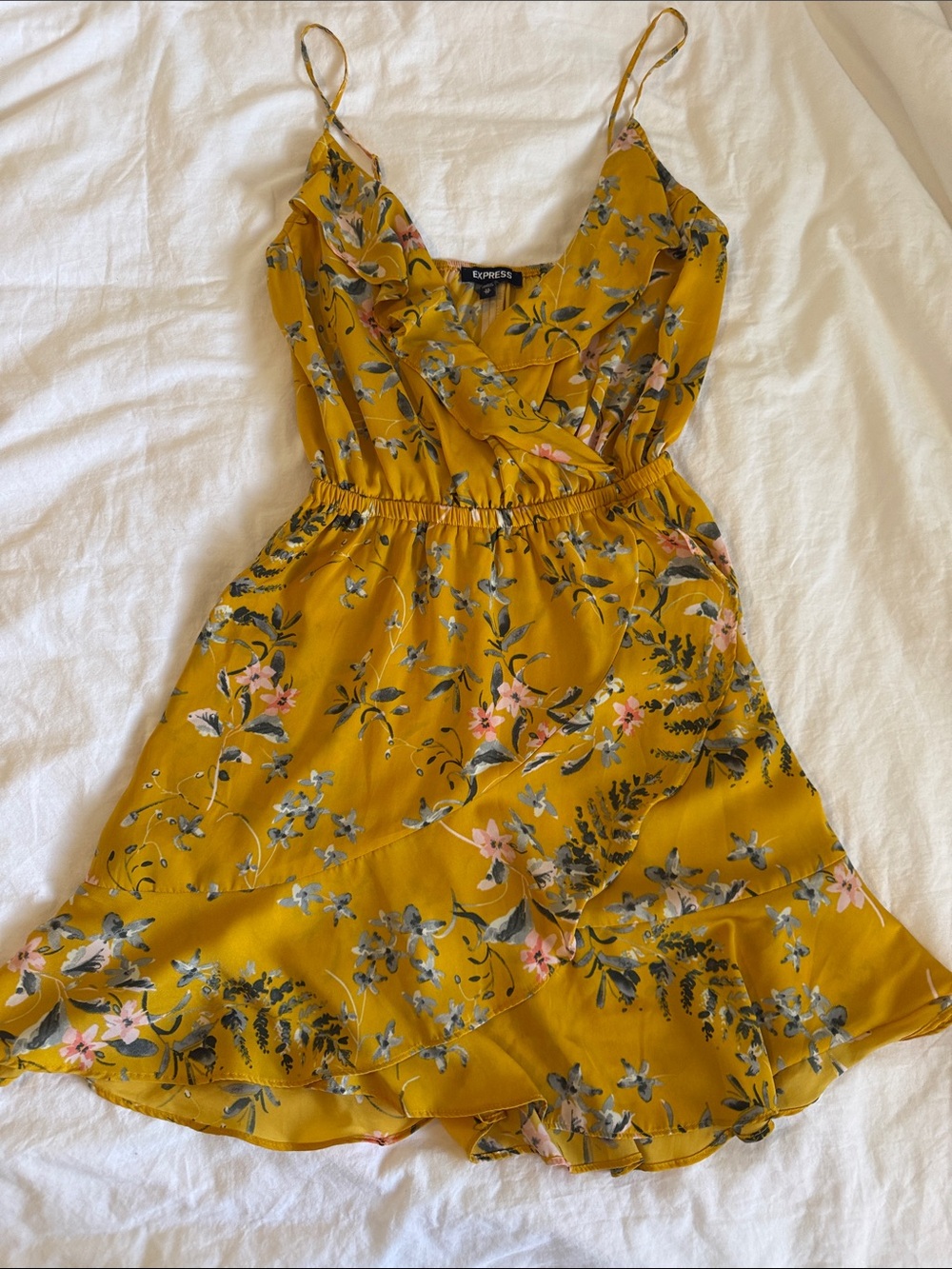 Express Yellow Floral Wrap-Style Mini Dress